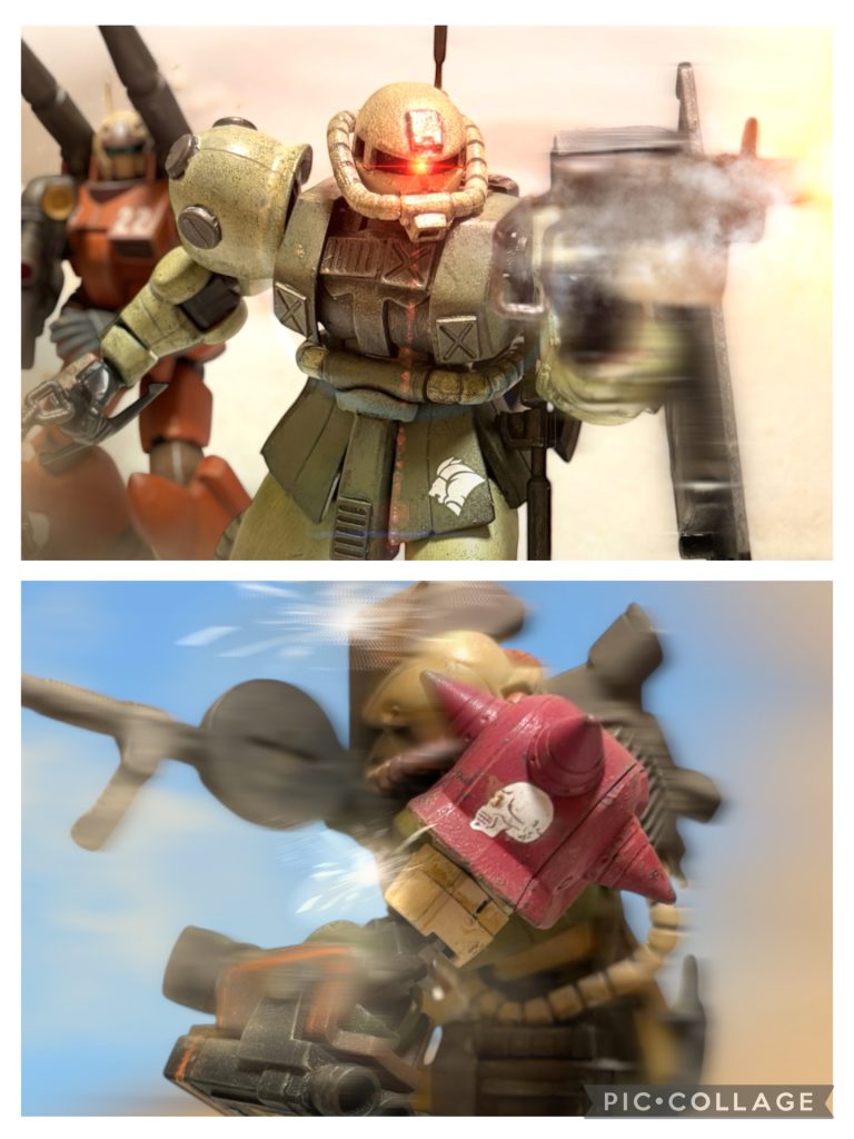 「中尉か、トマス・オトゥール中尉!」つぎはぎだらけの装甲に、獅子の紋様を付けたザクが、敵機の後ろからこちらに向けて飛び出してきた。マシンガンを斉射し、キャノンとハリソンの間に割って入る。ハリソンは敵のマシンガンをシールドで防ぎながら、キャノンに取り付けず、再び距離を取った。「貴様、生きていたのか!?」 アーサー・クレイグ大尉の報告にあった、敵に鹵獲されたらしき、つぎはぎのザク。連邦軍か、現地のゲリラの鹵獲と思っていたが、まさか、かつての自分の部下だったとは予想もしていなかった。「どおりで、連邦軍の進軍がスムーズだったわけだ。貴様が協力したな!?」