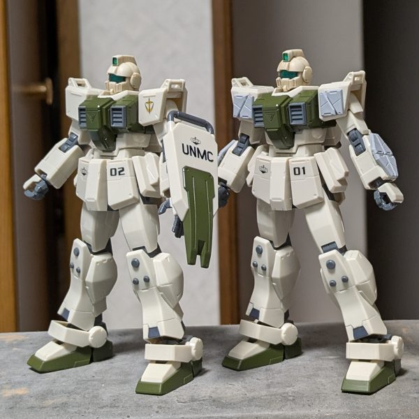 HGUC RGM-79(G)陸戦型ジム製作中!今日は2機目の組立&改造を実施。更にデカールも貼ったよ!!01マーキングの機体はジムIIセミストライカーを参考に簡易的な増加装甲を取り付け。シールド持ちには国連海兵隊を表すUNMCを表記。