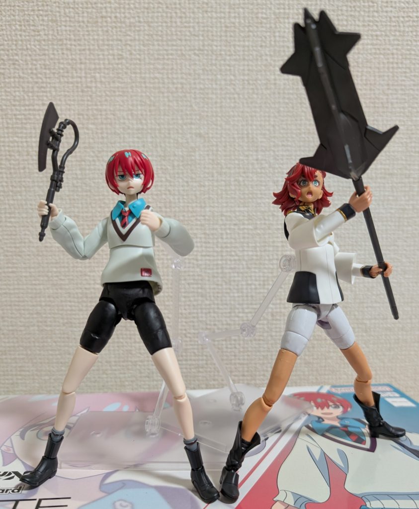 それぞれ武器（メイス・ヒートホーク）を構えて、臨戦態勢！！スレッタ「マチュさん、行きますよっ！」マチュ「OK、やっちゃおう、スレッタさんっ！」