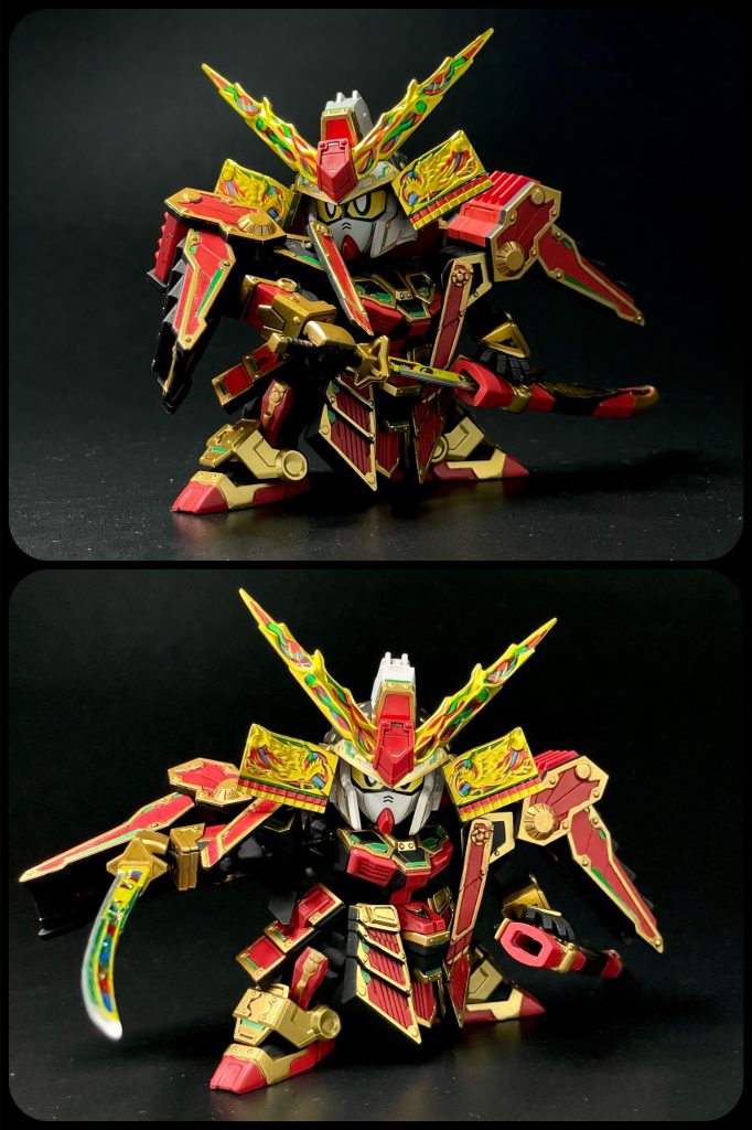 抜刀!左手の平手に鞘を磁石で持てるようにして、より自然な抜刀ポーズができるようにしました。輝羅鋼の刀「武輝丸」の裏面は成型色ですが、筆で塗り分けました。