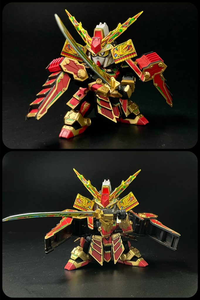 両手持ち。肘関節をボールデンの中サイズに置き換えたことで、腕が少し長くなり両手持ちができるようになりました。また、左握り手を斜め握りに改造したことと、ほいさんの78代目武者頑駄無を参考に前衿を可動化したことも有効に働いてます。