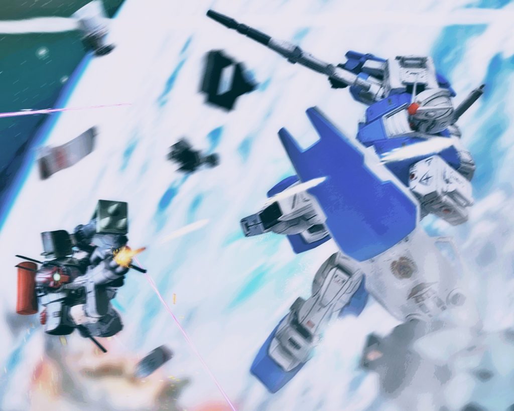 「…あのモビルスーツはっ!?」チェスターのガンダムNT‐0に噛みついたのモアの駆るドム試作実験機だ。ガンダムは咄嗟に回避運動を取ると目の前を光弾が抜けていく。「センリガンの言っていたガンダム・タイプかっ!?」モアはガンダムを確認するとジムスナイパーカスタムから標的を変えていた。(前の灰色とは違う新型…、別働隊かっ?)先ずは小手調べでマシンガンによる相手へ牽制をおこなう。敢えて当てるつもりはなく、その性能を測ろうというのだ。「…あれはあの時のっ!?」チェスターはドム試作実験機を見ると全身に電流が流れたような感覚になる。そして筋肉は強張り冷や汗が噴きだす。(…あれは、……あれは…)あの瞬間がフラッシュバックする。「どうした、なぜ撃ってこない?」モアは反撃をしてこないガンダムに違和感を感じつつも攻撃の手を緩めない。数発がガンダムに当たるが殆どダメージとして残っていないようだ。(装甲の頑丈さは流石と言ったところか?)チェスターは弾が装甲に当たった感触が分かった。だが身体が拒否するように言う事聞かず、フットペダルを深く踏み込めない。(…逃げないと、…逃げないと、…逃げないと…、じゃなきゃ自分は死……!?)眼球が右往左往し心拍数も尋常じゃない早さになっている。するとドムはガンダムへ凄まじい勢いで接近してきた。