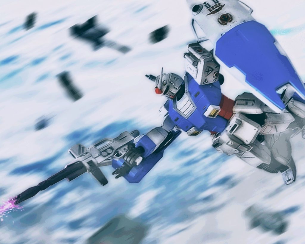 「捉えたっ!!!!」チェスターは戦闘空域に入るとビームライフルを構え連射する。放たれたビームはジムスナイパーカスタムから敵機を遠ざけるように威嚇する。これにはドム試作機実験機も一旦、距離を取った。(残骸が多い…。でも味方だけじゃなく敵機のもある)チェスターは高速で流れるモビルスーツの破片を見て互いに被害が出ていると判断した。そう、戦況は一方的に悪い訳ではないようだ。「…この中で動きを止めている?」常に動きがある戦場では、止まっている物は逆に目立って見える。長距離での射撃になるが、チェスターはこちらに気づいていないMSに狙いをつけると躊躇わず引き金を引いた。