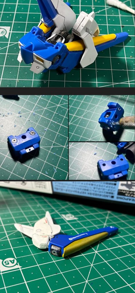 MG VER KAのようにミノフスキードライブ(翼部分)を本体に装着したままバスターを背負う構造を今回は接着剤で強引にくっつけるのでなく、ネオジム磁石で着脱できるよう加工をしました。我ながら上手くいったなと思います。装着後も翼を横にスイングできます。