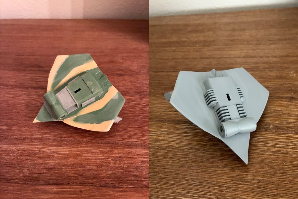 ボディ下面構造物の制作過程。腕の付け根後方を切り取り、プラ板で段のついた形を新造。周りに放熱板的な形でプラ板を接着。これも後期型の設定画がモデルです。後方のモールドは削り取り、こちらも放熱板的ディテールを追加。