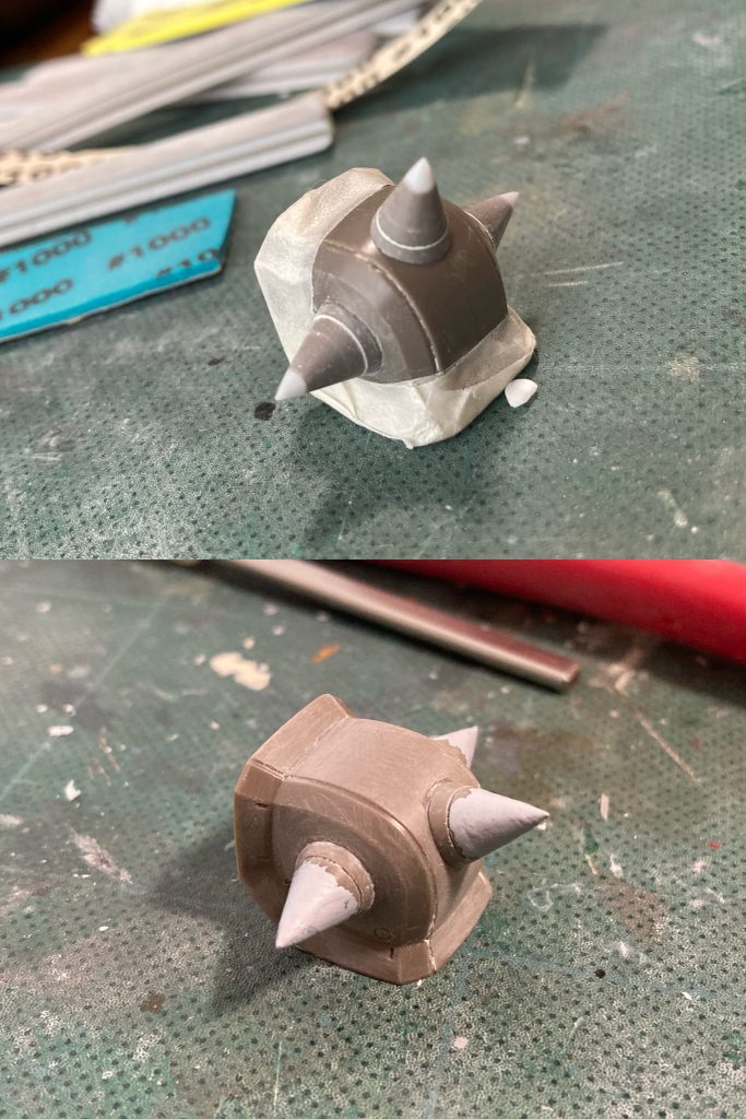 前後しますが、スパイクは自分ルールで先鋭化しています。やっぱり痛いくらいにピンピンに😶またスパイク根本のリベットのモールドは好みでないので消してます。(オリジン系ザクは毎回消してます)