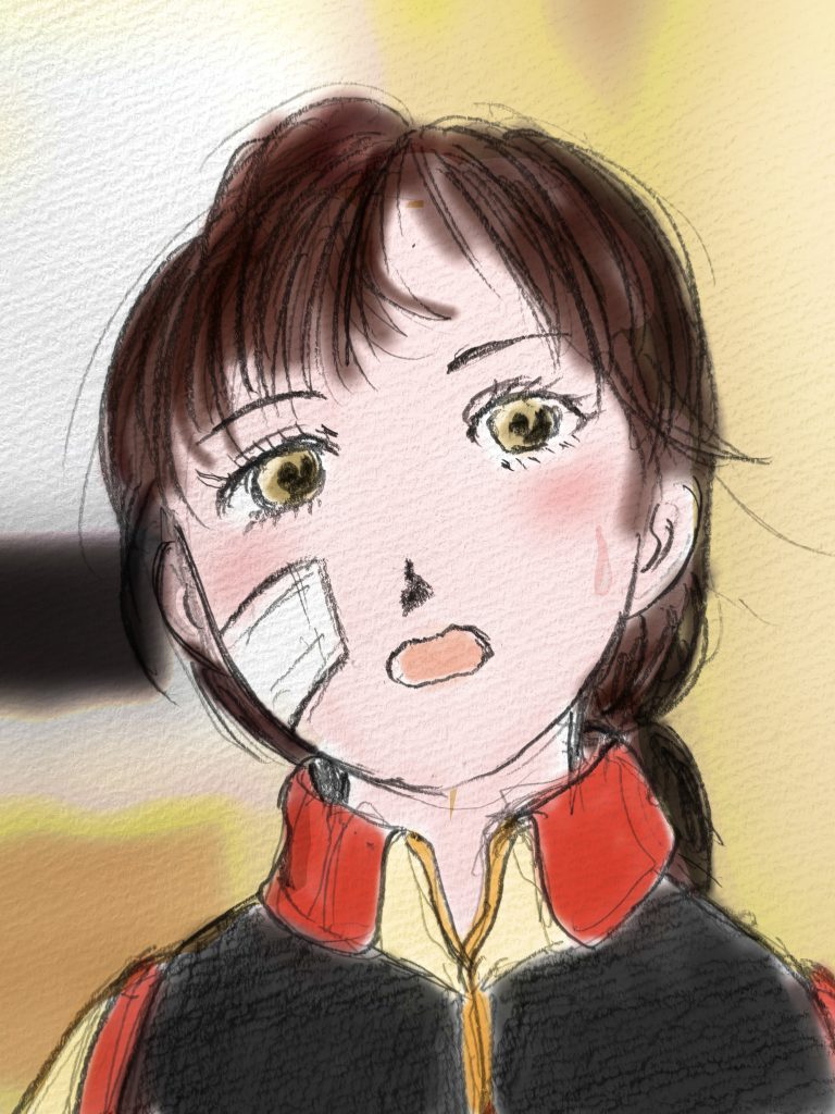 考えているうちに、コンパートメントに着いた。「ミヤギ……少尉。ヘント・ミューラー少尉だ。」 ミヤギの部屋をノックしたが、返事がない。居留守だろうことは、容易に想像できたので、少尉、と呼び掛けながら、ノックを続ける。3回目の呼び掛けで、ばたばたと部屋の中を動き回る気配がした後、ようやくドアが開いた。 普段はハーフアップにまとめている髪の毛を、MS搭乗時のように一つにまとめているが、慌てて結ったのか、なんだかバランスがおかしい。急いで羽織ったらしい軍服も、襟が乱れている。それよりも目を引いたのは、右の頬に貼られた大きな不織布だった。「非番だったか。」最初に口にするのがそれか、と、自分の気の利かなさを呪う。「いえ、いや、非番、ではありますが。……あ、オツトメ、ご苦労様です!」 ”キッド”の入れ知恵だろうか。ヘントは、くすっと笑う。「時間、もらえるかな。」「あ、はい。勿論です。」「士官食堂で待っているよ。ちゃんと待っているから、準備してから来ると良い。ゆっくりでいいよ。」~~~~~~~~~~~~~~~ 食事を乗せたプレートを持って、ミヤギとヘントは向かい合った席に腰掛ける。「ヘント少尉は召し上がらないのですか。」「すまない、わたしはさっき、イギーと済ませた。」「そうですか。」ミヤギは、やはりイギーと一緒に迎えに行けばよかったと、少し後悔したが、ヘントは気づかない。