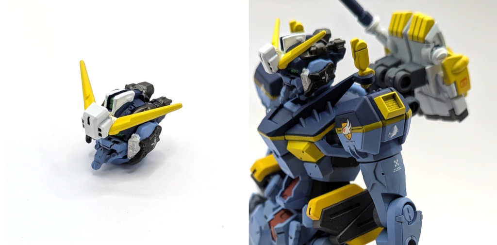 改修点・ヘッドは赤いガンダムを使用 V字アンテナはヘイズル改、頭頂部センサーはヘイズルに寄せ開口し拡大・肩部もヘイズルに寄せバーニアを増設