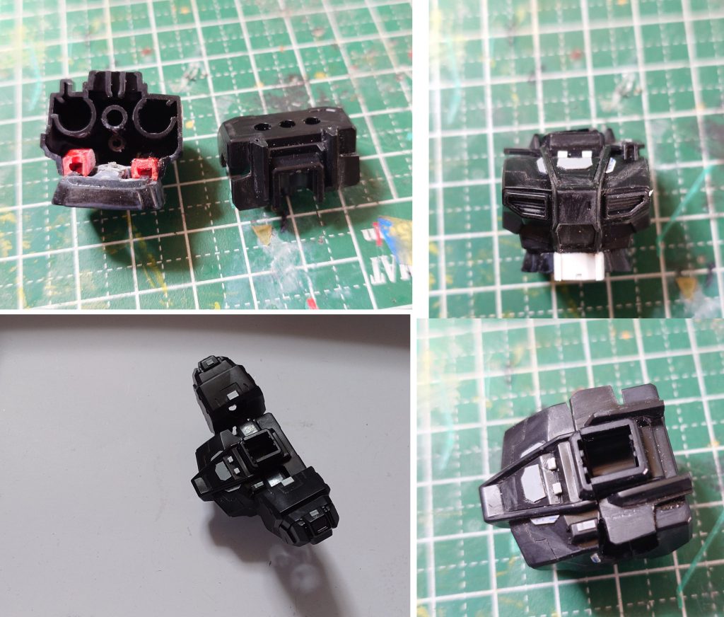 胴体EXSDの胴体を使っていますジャンクパーツでくびれ部分を延長してほんの少しのスジ堀とプラ板でデティールアップしてます首周りはちょっと細かったのでBB戦士の襟周りを切り離して貼り付けました
