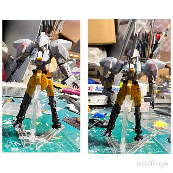 制作中のHG百式ベース、レッドミラージュの経過報告です。前回からの変更点はツノの作り直しと、肩の関節位置変更と延長です。写真2、3枚目　ツノの貧弱さが気になっていたのでバージョン2を作りました。プラ版で骨組みを作り、パテで肉盛りし表面処理をして完成です。横顔は大分本家に近付いた気がします。写真4、5枚目　肩幅の狭さと関節位置が気になったので弄りました。バイアランやハイゴックみたいになりましたがこれで良しとします😅 何とか八月中に上半身を完成させたいです❗️（5枚目）