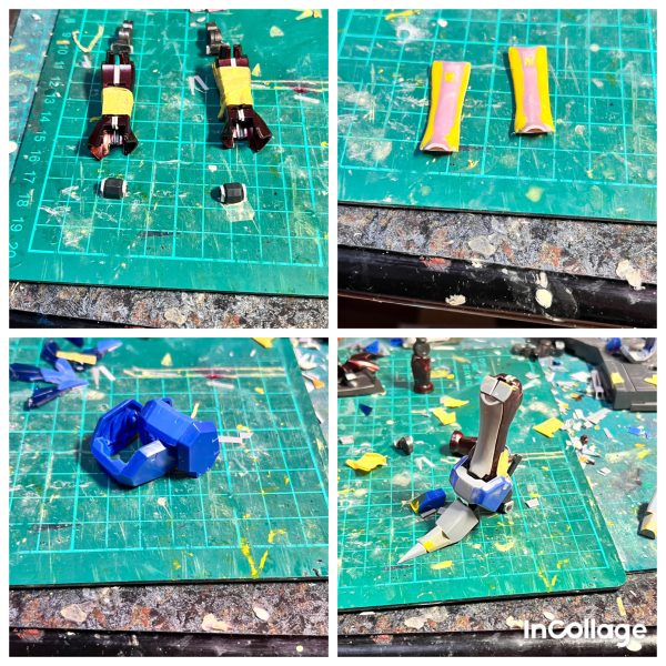 制作中の百式素体レッドミラージュの経過報告になります。やっと下半身が完成したので、土日を使って塗装→組立→完成品の投稿といきたいです。下半身はスサノオから流用しましたが幅がスリムすぎるので太らせ、足のハイヒールはバイアランなどから持ってきてそれっぽく作りました。　脚が長すぎて手が短く見えてしまいますが、ハイヒールだから仕方ないと自分を騙してそのまま塗装します😅（3枚目）