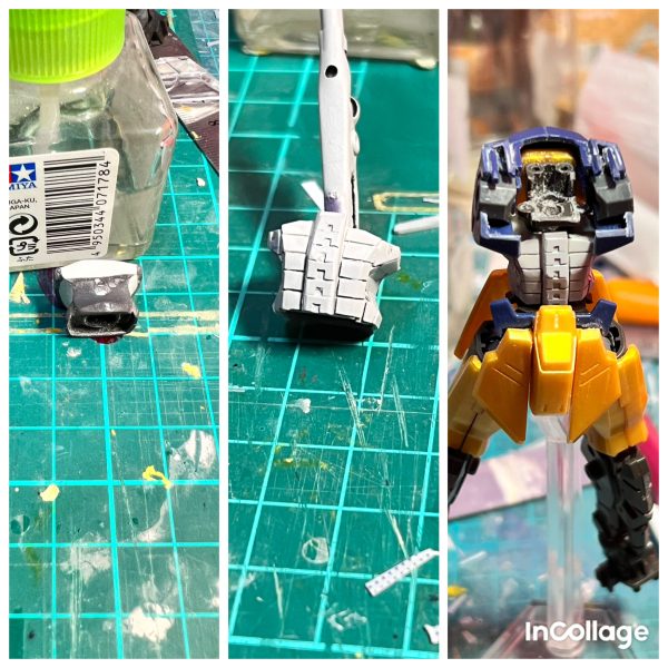 製作中のHG百式ベースレ⚪︎ドミラージュの経過報告です。腕はGユニット系のジャンクを使い手首はギアスのアレクサンダから流用しました。手首のカバーは最近のボークスのキットを参考にゴツめに作りました。腹パーツは百式の腹にエポパテを詰めて、リューターで削られるだけ削りくびれを作りました。蛇腹模様は人力で再現は無理があるので、かなり簡略化してプラ版を貼り付けました😅上半身はやっと完成が見えて来ました😄（3枚目）