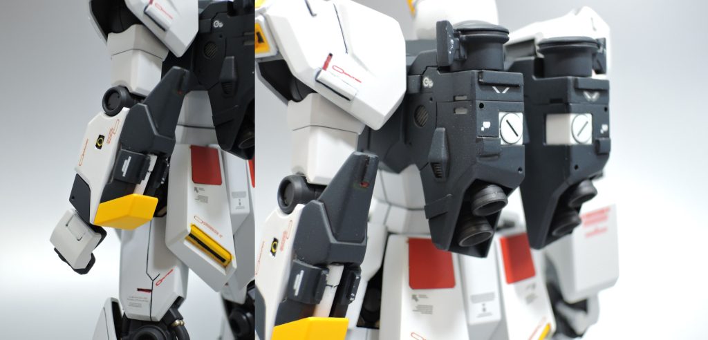 腕やバックパックもディテールアップ。シールド装備時にはネオジウム磁石で接着させるようにしました。（後先考えずにディテールアップしたので、シールド装備パーツが入らなくなったのです・・・）