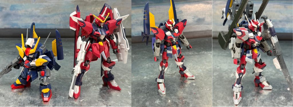 ベースキットと製作途中を並べて。イモータルジャスティスはかなり細身の機体で、スキニーとすら言える体型となっています。トルネードガンダムはスタイリッシュではあるかもしれませんが瘦せ型ではないので、主に脚を幅増し、腕はガンヴォルヴァをベースにガトリング機構をくっつけました。