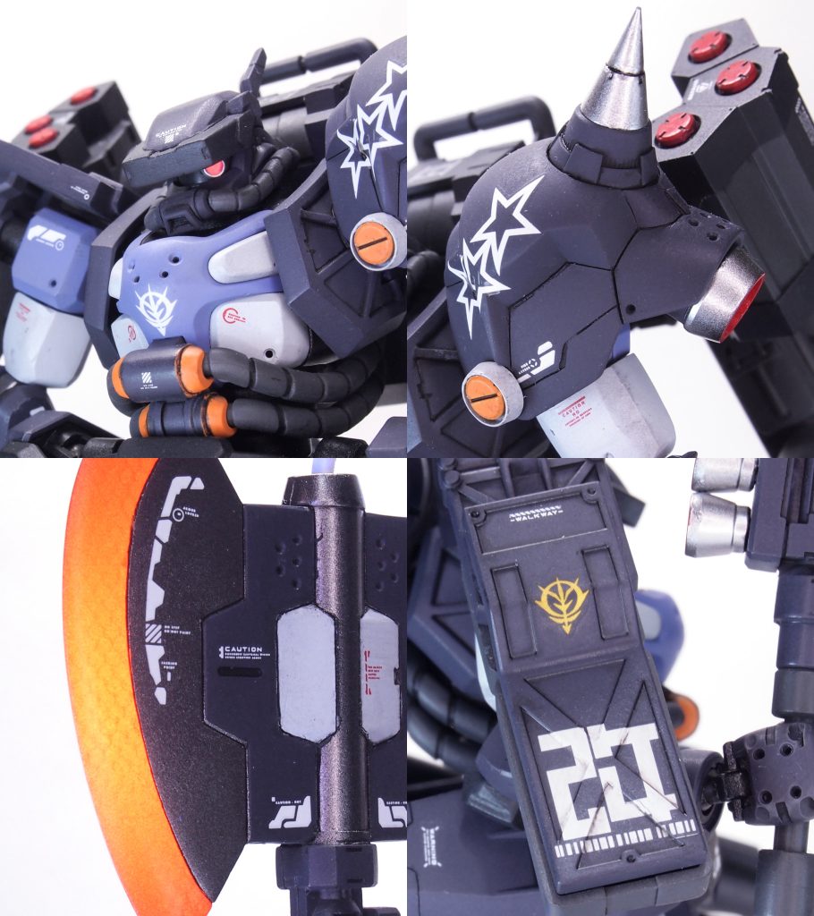 左肩に描かれた「スリースターズ」のマーキングは魂の証。おそらくガンダムには勝てないまでも、その執念はアルファ殺し達の脳裏に焼き付くことでしょう。