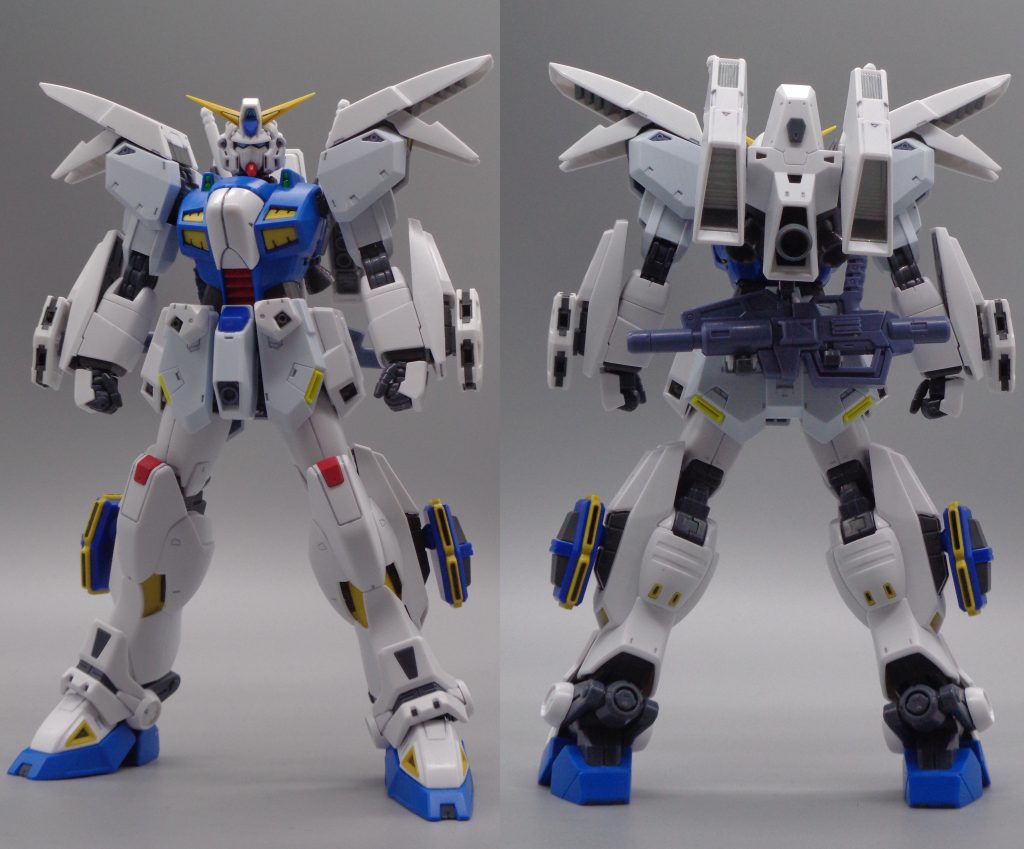 ミッションパックQタイプ改ミノフスキーエフェクトAMBAC試験装備Qタイプをベースとして四肢にビームシールドユニットを装備し、特定パターンのビームを発振することで生じるミノフスキーエフェクトによって、AMBAC(四肢の質量移動による姿勢制御)の強化を行う運動性能向上試験装備。バックパックには冷却用ラジエーターを2基装備。