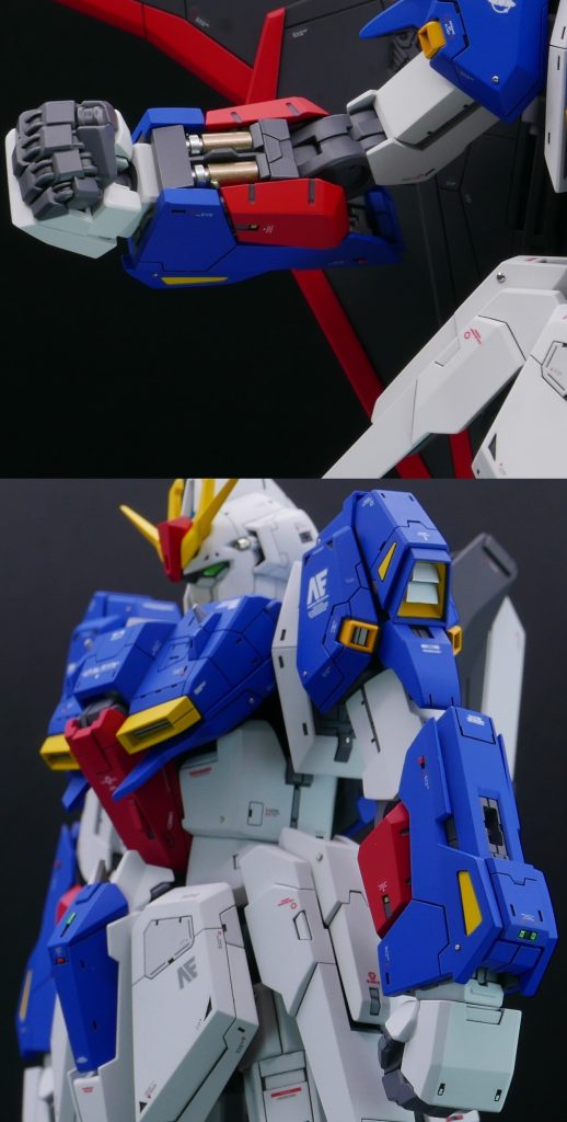 腕部内側の動力パイプはプラ棒を加工してシリンダー的な物に改修しています。肩部スラスターはプラ板をアートナイフで削り出して制作しました。こうして見ると腕部のディテールも割と少な目ですね。