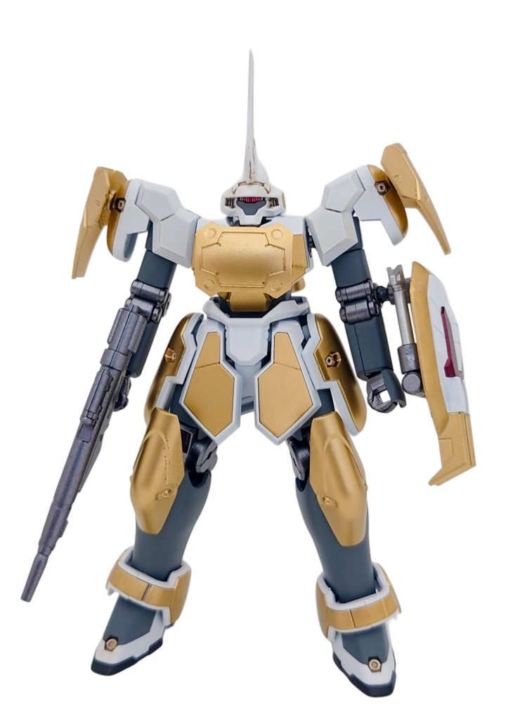 正面。カラーリングは、専用機感を出したかったため白とグレーをベースに、お金持ちのカトルの専用機なのでゴールドを全身にあしらってみました。