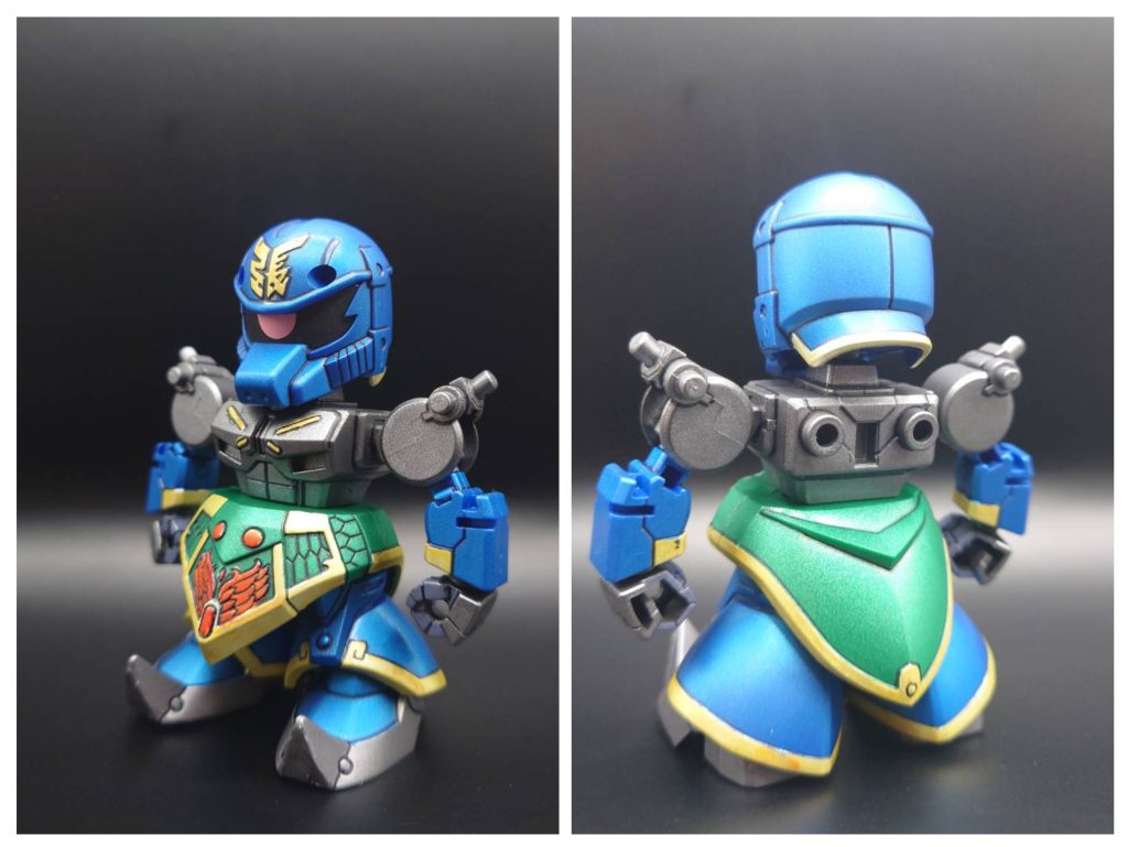 軽装形態、カラーレシピは下記です。ブルー…タミヤライトメタリックブルーグリーン…タミヤメタリックグリーンブラック…タミヤライトガンメタリックゴールド…GMホワイトゴールドレッド…GMロイヤルメタレッド仕上げ…水性プレミアムトップコートつや消し前回の張郃はイエローゴールドだったので張遼はホワイトゴールドで塗装しました。張遼の鎧は白と青のイメージが強いのは多分三國無双のせいやけど良い感じに仕上がったと思います。