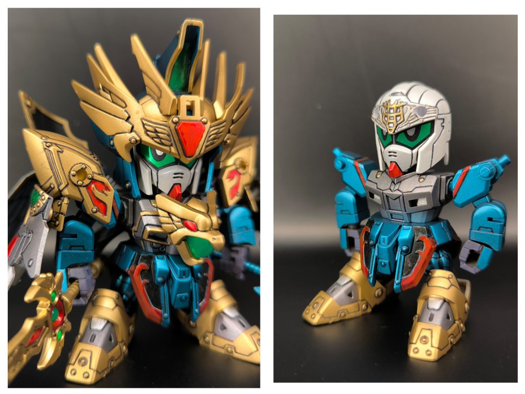 カラーレシピホワイト…タミヤパールホワイトボディ黒…タミヤライトガンメタリックブルー…GMコスモメタブルーレッド…GMロイヤルメタレッドゴールド…GMレッドゴールドグリーン…GMメタリックイエローグリーン、ガイヤ蛍光クリアイエローグリーン羽全体…タミヤメタリックブラック羽部分…タミヤスカイブルーアルマイト仕上げ…水性プレミアムトップコートつや消し※GM=ガンダムマーカー