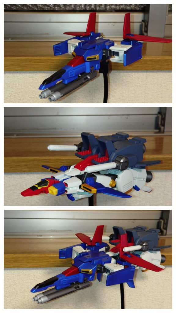 組み上げました!ZZは厳ついというか、重厚感のある機体ですね。作中では結構キビキビ動きますけども。コアトップ、コアベース、Gフォートレスの各形態も。でも写真だけ収めてそのままかなぁ…変形大変。