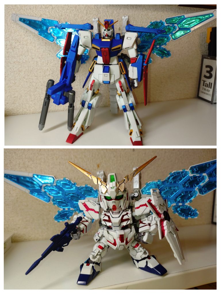 バックパックの規格が合えば、こんな事も。ユニコーンは、サイコフレームがクリアパーツだし意外と似合う?