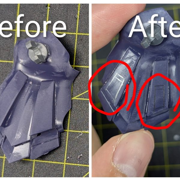 休日の作業として残ってたシールドの400番ヤスリがけ作業が終了し、これで全身の400番終了しました✨️そしてGeminiで線画にしていたギャンへのスジ彫り予定をそのまま本体に下書きする作業も進めました✨️平面の計画がきちんと立体になっていく様子はやってて気持ちが良かったです☺️作業動画はXになります!次はいよいよ掘っていきます!（5枚目）