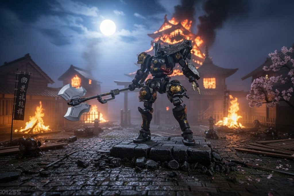 2機目は軍警ザクひと目見て和風っぽく製作しようと決めた機体でした。武将のように製作した機体ですが、背景を合成したら忍者や盗賊の頭のような雰囲気になりました。世界観は戦国時代。城を襲撃するシーンをイメージして製作しました。