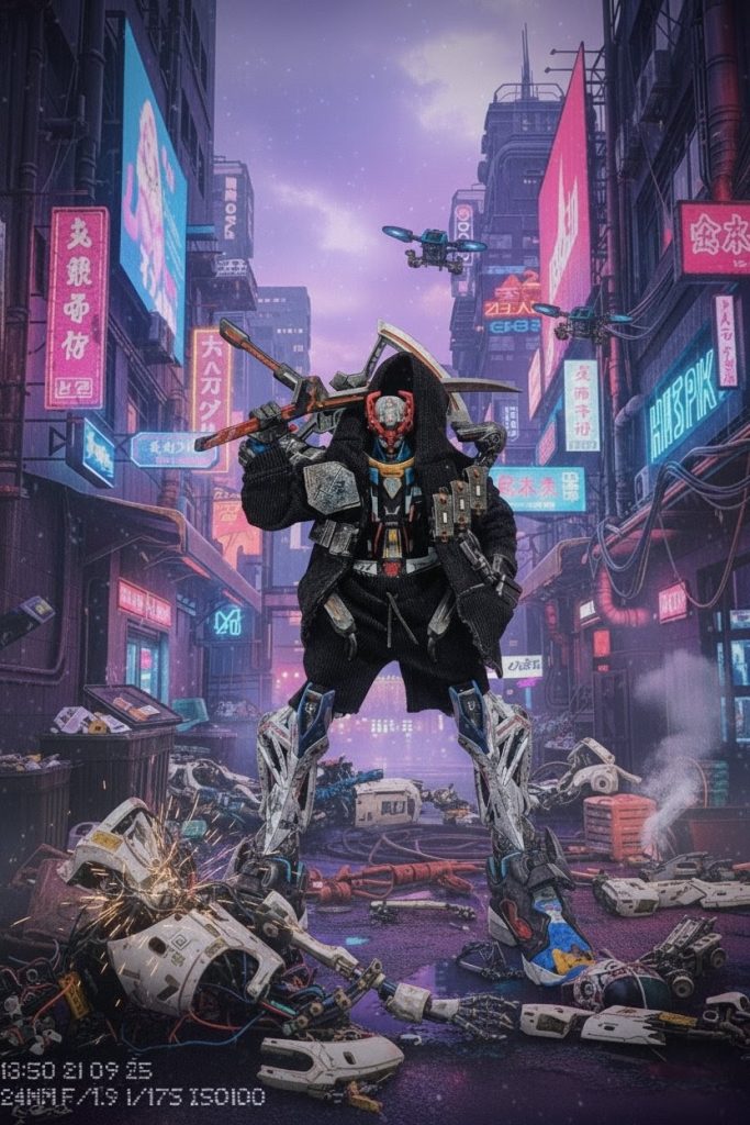 最後はジークアクス！他とは一線を画す機体デザイン。近年でも特に魅力的な機体でした。サイボーグっぽいなと思い、「身体を機械化したマチュ」というテーマで、サイバーパンクな世界観で製作しました。ノー・ガンズ・ライフのような人間っぽさを演出したかったので、パーカーとスニーカーを着用させました。持ち前の戦闘センスで追手を返り討ちにした戦闘シーンをイメージして製作しました。その他画像