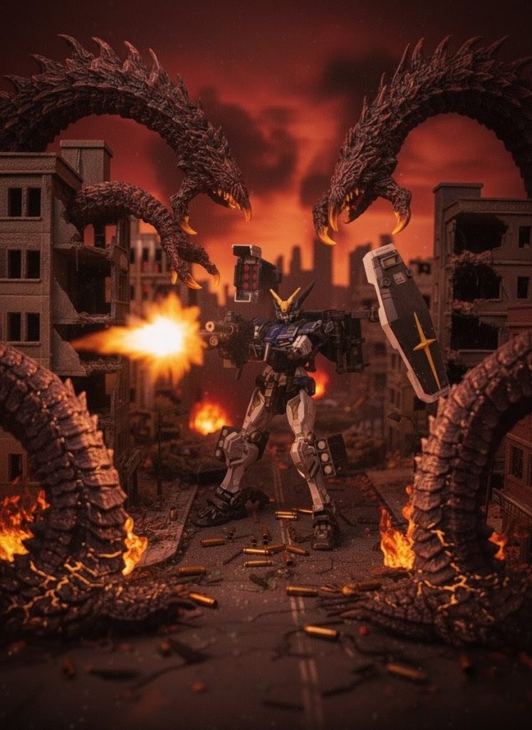 3機目は軽キャノン「軽」というイメージを払拭するため、武装を盛りまくろうと製作。ディティールアップパーツを初めて使用した作品になります。世界観は映画の「パシフィック・リム」のような人類vs怪獣襲撃してくる怪獣を迎え撃つ地上戦をイメージで製作しました。