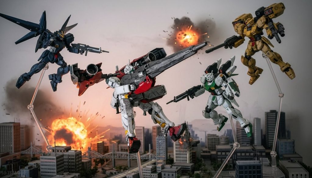 ゲルググの背景合成中に突如現れた謎のガンダム３機空中戦という設定から、自動で出力されてきた機体になります私、くまぽよんへの挑戦状、いわゆる刺客ですどれも完成度高く、格好いい機体を秒で出力してきたため複雑でした(zaku-kao10)今度機会があればこの3機製作したいと思います