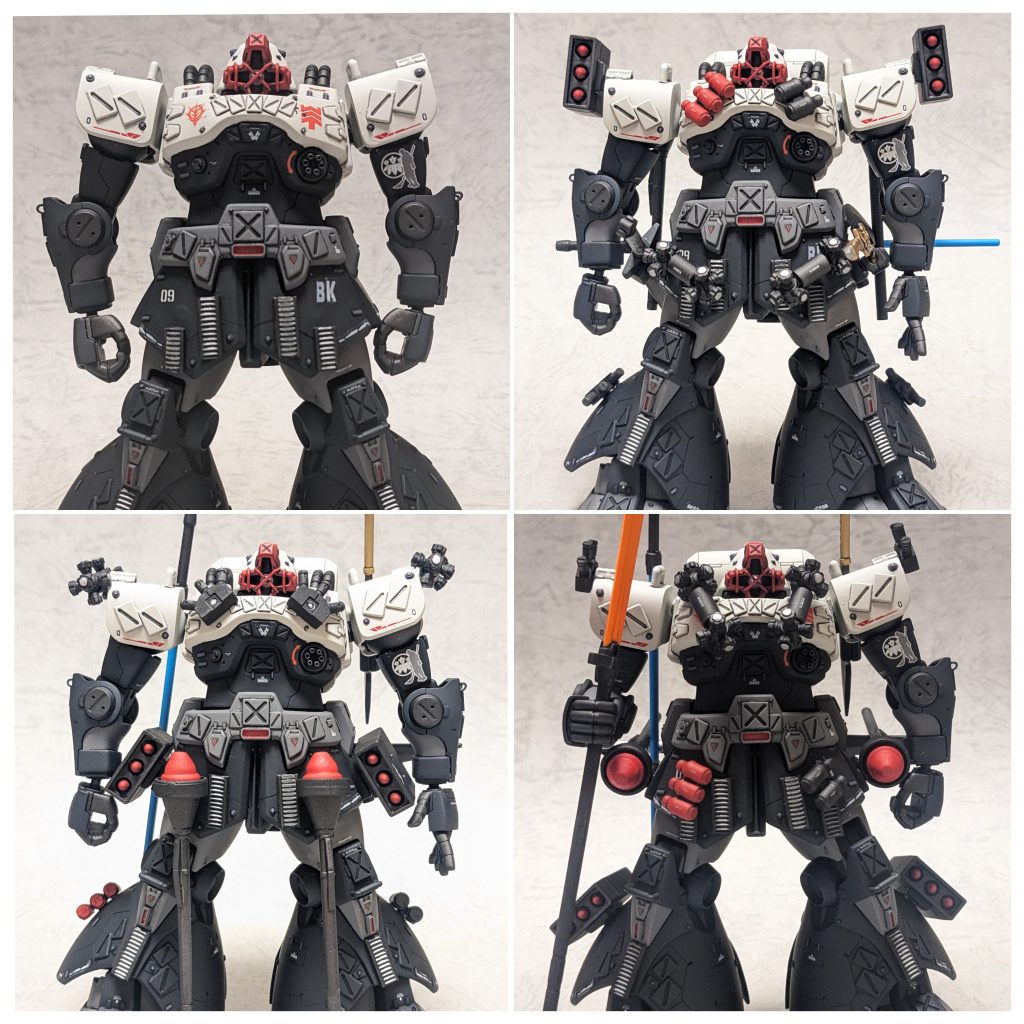 武器は付け替え可能なので色んなパターンを作る事が出来ます。ちなみに武装のお気に入りはクラッカーとクラッカーポッドの組み合わせです。胸部に付けたら邪魔だろうて感じですが、これは歌舞伎の勧進帳に出てくる山伏姿の弁慶の衣装をイメージしてます。頭部を良く見ないと分かりづらいのですが、トサカ部の意匠も同様に山伏の頭の飾りをイメージしてます。