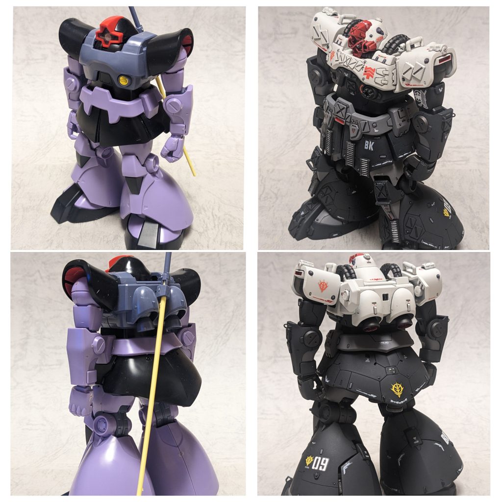 hgucドムとの比較。今回筋彫りは結構頑張りました。真っ黒だと目立たなくなるので黒いパーツはジャーマングレーを使いました。