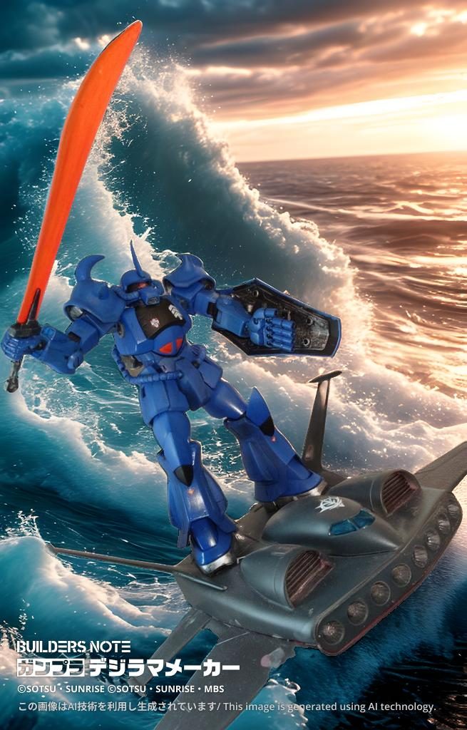 朝焼けの海を波乗りするグフ グフ「イエーイ!最高だぜ!」 なおフリーダムウイング自身はサーフィンはやれません