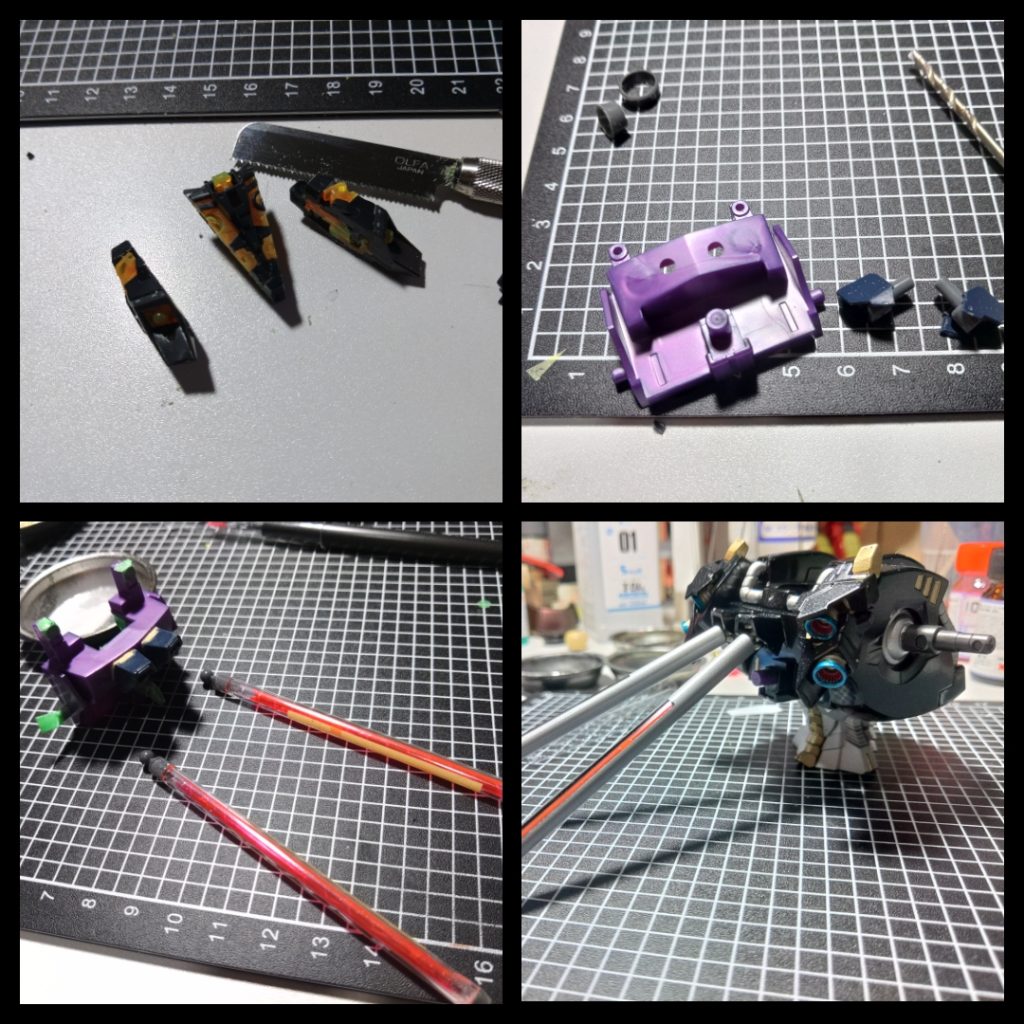 とあるモデラーさんが、MGバンシィのバックパックをブツ切りにして使っているのを参考にしました。その方は、バックパックにプロペラントタンクを付けていましたが、そのまま真似ではなくRGの物を使い、タンクはバックパックの間の背中を加工して付けてあります。ちなみにMGのバックパックだと腕を上げた時にバインダーが接触しますが、RGだと小さいので当たりません。タンクは透明なパイプの二重構造で一部透かして塗装し、内部のパイプは燃料に見立て、蛍光塗料が塗ってあります。レベルゲージ風ですね。