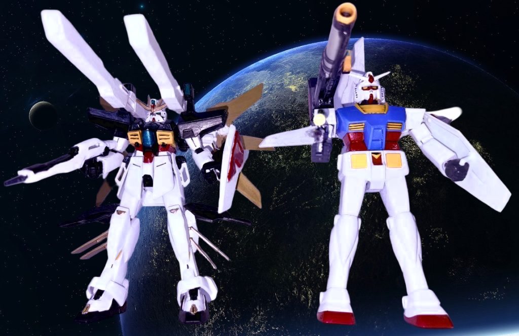 ツインサテライトキャノンを背負ったダブルエックスと砂の十字架を背負ったガンダムのMAV。どちらも旧キットであるが割といい感じの身長差となっており、大人のインディと少年のガロードの対比をうまく表している。