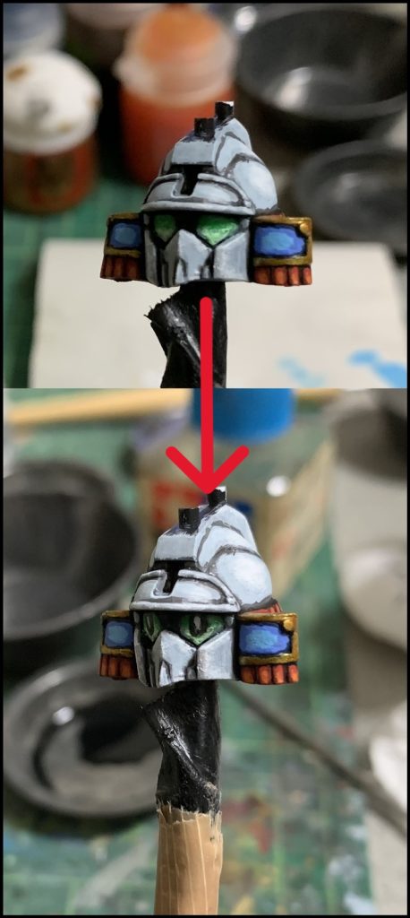 目は黒の部分は書き直しや修正がやり易いという理由でタミヤのエナメル塗料のフラットブラックを、白の部分は隠ぺい力が強く一発で色が乗ってくれるシタデルカラーのコラックスホワイトを使っています。 何度か黒部分を修正しながら書いて、最後に仕上げに白をチョン付けしています。