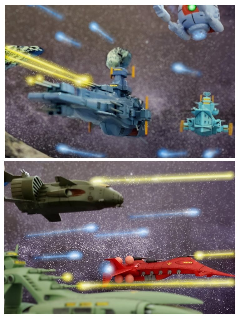 第一種戦闘配置で作戦エリアに侵入した艦隊は、ついに交戦状態に突入する。戦力比は３:2。連邦軍側が数で勝っていた。激しい艦砲射撃の中、両軍からMS部隊が次々に飛翔していく…。