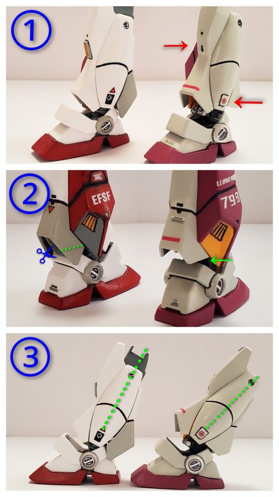 改修ポイント~アレックス足改修~開発中のNT-1の足を持ってきましたという機体設定なので、試作段階品の雰囲気を出すため、少し形を削ったりしました👍️画像の左側は以前制作したプロトNT-1の足。そして右側が今回制作したブラッドラインの足です🎵①試作品としての違いを出すため、ヒザ小僧にあるスラスター?を排除。そして足内側にあるスラスター噴射口もプラ板で閉じました❗②かかと部分にあるスラスターも排除したので、かかとアーマーが長過ぎると変なのでカット✂️✨③ その結果、足首の可動域が増してより良い膝立ちが出来るようになりました~🤩🎵