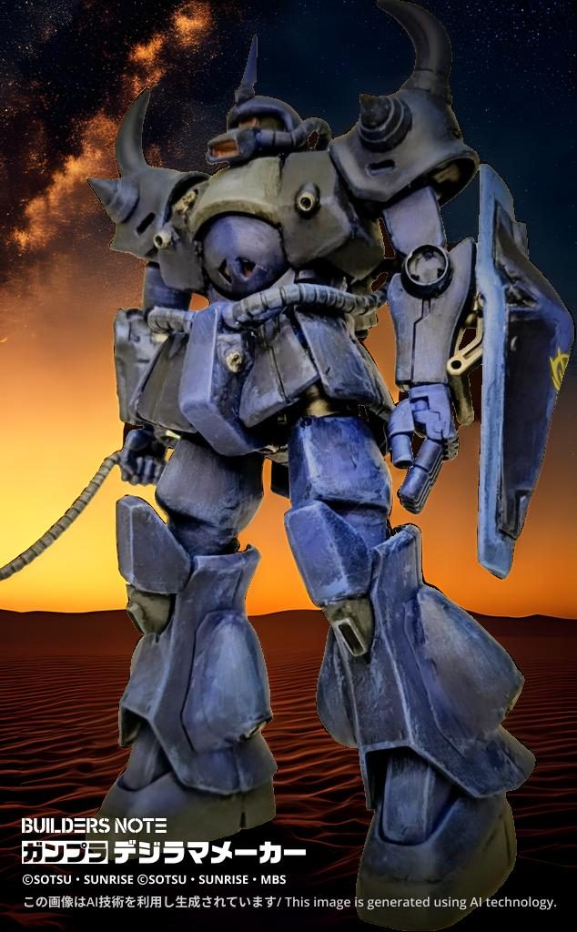 HGUC1/144グフで作成したグフVer.Yas（自身で安彦さんのジ・オリジンのコミックスに出てきた機体やイラストの再現を目指したVer）です。グフというと砂漠のイメージなものの、ちょっと自分のイメージとは異なる仕上がりになってしまうので基地の背景で作ってみたらそちらはしっくりきました。基地のほうはビルダーズノートに投稿したので、よろしければ御覧になってみて下さい。