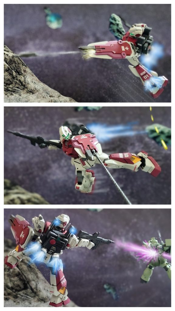 そして最も特筆すべき新技術はアンカーシールド。『彼』は高機動戦闘でいかに予測されず相手を翻弄し接近するかを考え、機体の軌道を変化球のように突如変化させる変則機動システム内臓のアンカーシールドを考案していた。戦闘エリアに岩石や障害浮遊物がある前提ではあるが、機動中にワイヤーチェーンの繋がった先端のアンカーを浮遊物に打ち込み、ワイヤーを使った遠心力、またはそれを引き込む事により機体に急激な軌道変化をかけ、相手の視界から突然消えたかのように見せるものである。そして相手の予想外のポジションから攻撃を叩き込む事を可能とした戦術装備である。高機動特化中隊の中でもG耐性に最も優れたシイコ少尉は最適な人材。変則機動システムはパイロットを選ぶが新たな立体的機動戦術を生み出していた👍️