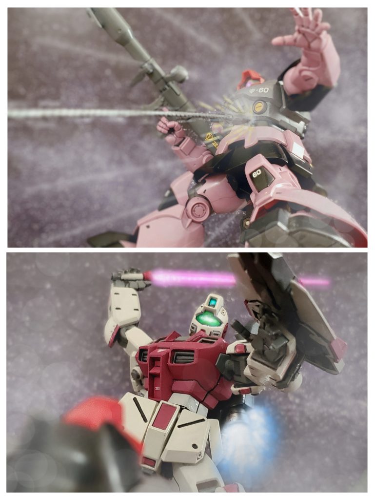 機体との相性も良く、数度の出撃で機体性能をものにするシイコ・ミナガワ少尉。しかし障害物などが無い空間戦闘では変則機動システムは実力を発揮出来ない無用の長物のはずであった。だがシイコ少尉は戦闘の最中、なんと敵の機体にアンカーを打ち込む❗そして、アンカーを引き込む力とバーニアで急接近する事により瞬時に相手との距離を詰める。離れていた敵が突如眼前に迫るその状況は、敵パイロットにとって恐怖以外のなにものでもなかった。