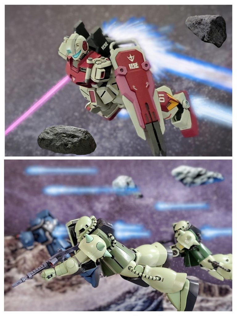 フルブーストで走るブラッドラインは単機で暗礁宙域に到達。即座に索敵を開始するシイコ少尉。するとBチームの防衛網を突破し、浮遊する岩石を巧みにかわし艦隊に接近するザクの部隊を捕捉💡『ジオンの奴らは残らず潰す…あの人を返せ…』生気の無い目で、そう呟くと一直線にジオン部隊に向けスロットレバーを傾けるシイコ少尉。