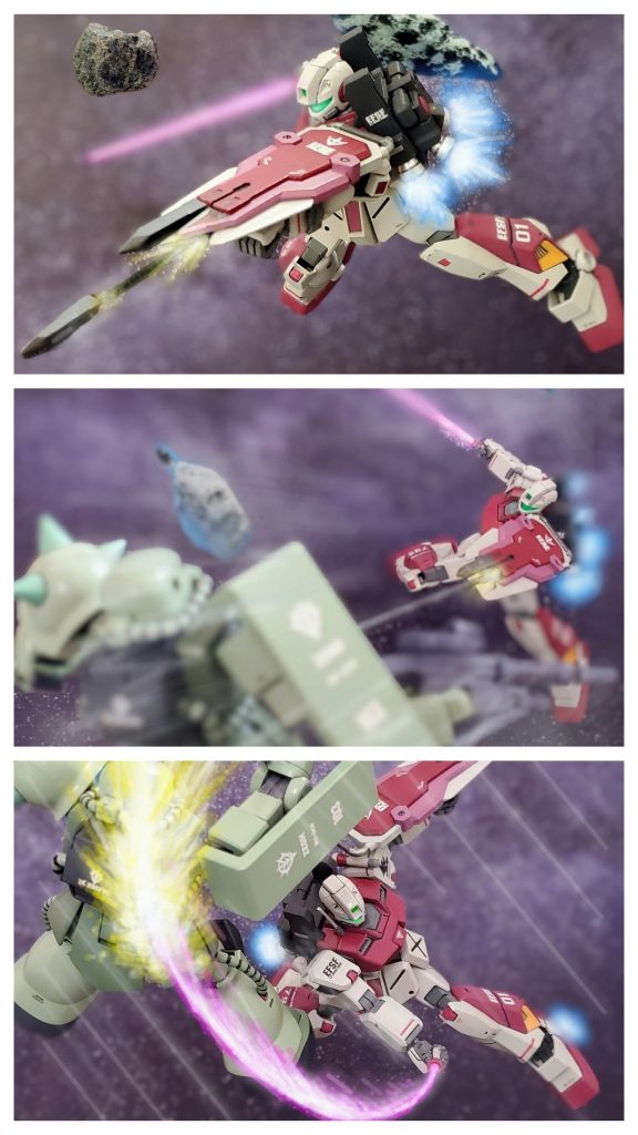 急速に接近し、シールドアンカーの射程距離に入ったブラッドラインはアンカーワイヤーを１機のザク目がけて放つ💥突然機体に刺さるアンカーに戸惑うザクを一気に引き込みつつ、さらにバーニアで急速接近❕ものの数秒で２機の距離が詰まる。突然眼前に現れるブラッドライン。その一瞬の出来事に動きのままならないザクを無慈悲に一刀両断する‼️