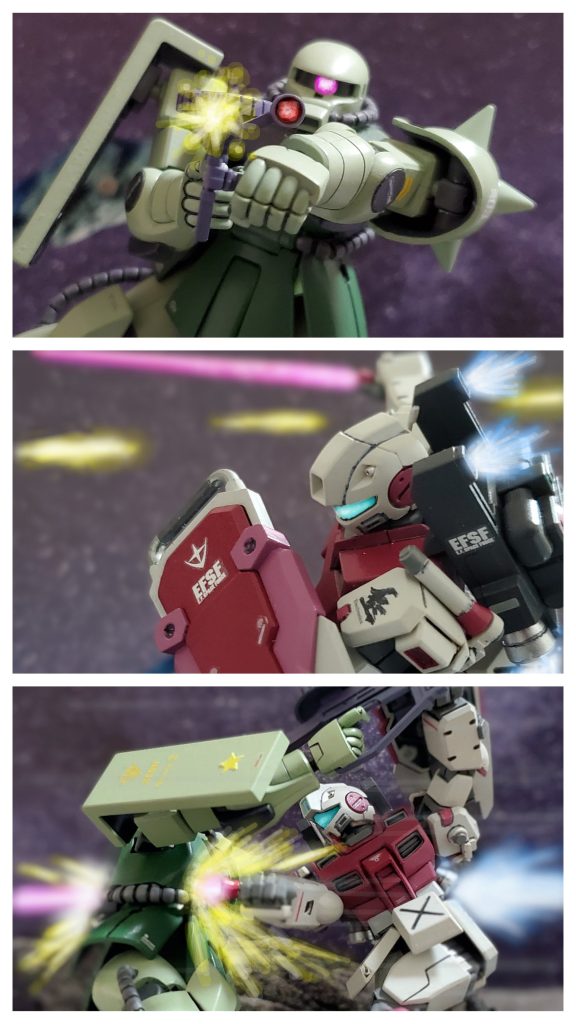 仲間が突如撃破され、敵の強襲に気付いたザクはマシンガンで迎撃。すぐに次のターゲットを見据えたシイコ少尉は、マシンガン弾を繊細なスラスター操作で躱しながら接近しビームサーベルでザクのコクピット部を貫く💥一瞬の間にザクを２機撃破して見せるシイコ少尉。