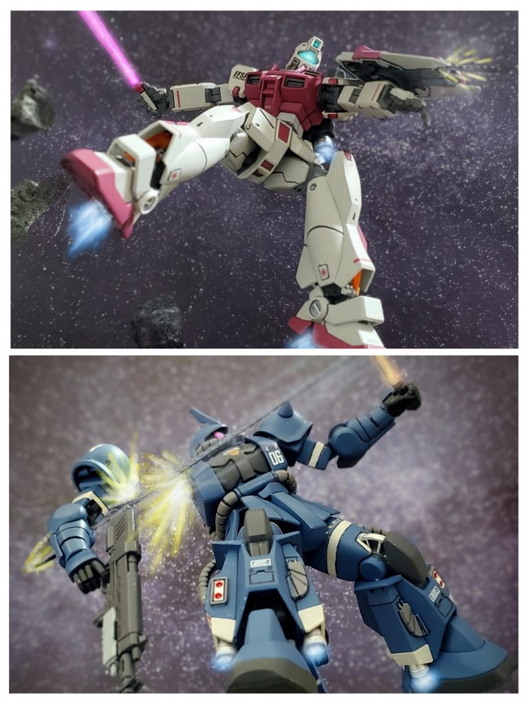 激しく何度もぶつかり合う高機動戦闘の中、シイコ少尉はシールドアンカーを撃ち込む最適のチャンスを得る❗間違いなく直撃すると確信したシイコ少尉は残っていた2本目の矢を放つ💥至近距離で放たれたアンカーを咄嗟に身をよじりかわすが、避けきれずアンカーは肩間接部にヒット。直撃は免れたが右腕を失う高機動型ザク。