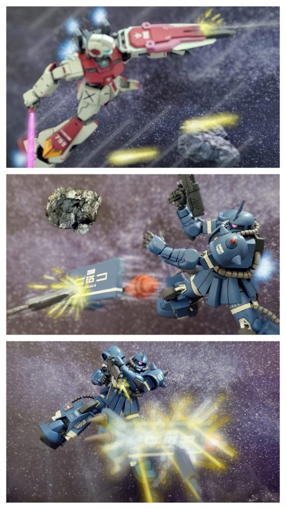 隕石群とマシンガン弾を切り抜け、射程距離に入ったブラッドラインは高速機動からザクに向けてアンカーワイヤーを放つ❕だが高機動型ザクは狙っていたかのように、迫り来るアンカーに手持ちシールドを投げつけ、機体に刺さるのを防いだのである💡そしてアンカーの突き刺さった自らのシールドをマシンガンで素早く攻撃❗備えてあったシュツルムファウストも誘爆し、シールドごとアンカーを破壊したのであった。初めてアンカーを一本失ったシイコ少尉は舌打ちするが、手強い相手に闘争本能が点火する🔥