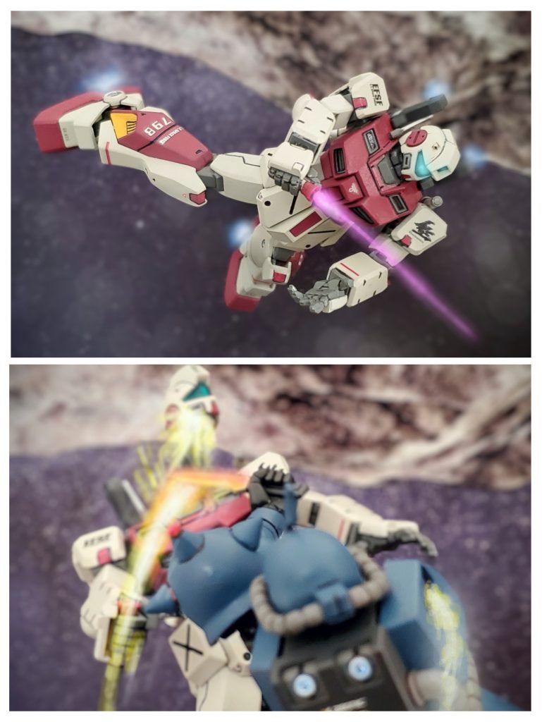 勝利が目前に迫ったその時❕ブラッドラインの全機能がついにダウン。長時間の稼働により機体各所がオーバーヒートを起こす。そしてエネルギー残量も底を尽ついたのであった。異常警報が鳴り止まないコクピット。バーニアは消沈しビームサーペルも消え、宇宙の浮遊物と化すブラッドライン。迫るザクを気配で感じながら、なんとか動かそうと必死でもがくシイコ少尉。そして接近センサーが甲高く鳴り響く中、高機動型ザクのヒートダガーの一撃がついに刺さる。突然ブラッドラインが停止したため、狙いの逸れたヒートダガーは頭部を弾き飛ばす。