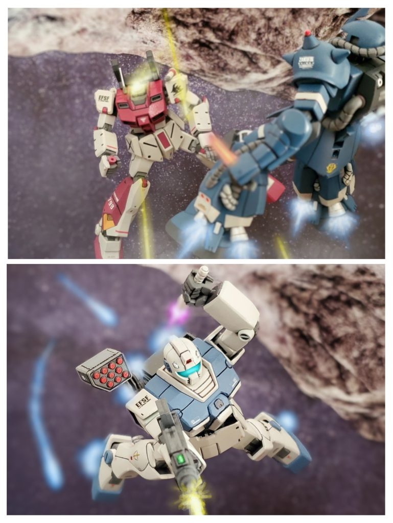 次の瞬間、2機の間を切り裂くように上方よりマシンガン弾が撃ち込まれる。ブラッドラインにトドメを刺す寸前だったザクは後方に退く。『シイコ❗無事か⁉️返事をしろー💢』シイコ少尉の危機に駆けつけるスガイ中尉のライトカスタムと高機動特化中隊の面々。そしてスガイ中尉はビームサーペルを抜きつつ、高機動型ザクに一直線に向かっていく。