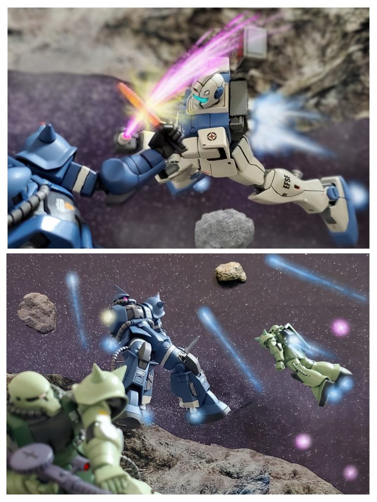 『惚れた女1人守れず戦争なんか出来るか‼️』そう叫びながらスガイ中尉のライトカスタムは、気迫に満ちた漢の一撃を高機動型ザクに繰り出す❗『シイコ少尉❗大丈夫ですか❗』『シイコ姐さん、お怪我は?』動けなくなったブラッドラインを守るように展開するジム・ライトカスタム部隊の面々。『みんな…本当にごめんなさい😭』大事なものを守ろうとした「彼」の想いを紡ぐ皆の姿。復讐心に駆られ、散った「彼」の想いを無駄にしてしまうところだったと、ようやく気づいたシイコ少尉は大粒の涙を流していた…。こうしてE-25エリアの戦闘は、艦隊戦で大敗した事によりジオン部隊が宙域より撤退。高機動特化中隊の迅速な防衛展開もあり連邦側の勝利で終わる。ブラッドラインと交戦した高機動型ザクも退き、ジオン部隊に合流して撤退していくのであった。